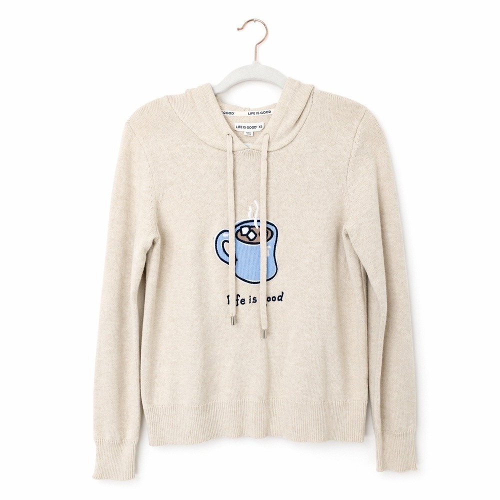 Life is Good Hoodie Sweater Women XS Beige Hot Cocoa Graphic WH52987-101-8PA